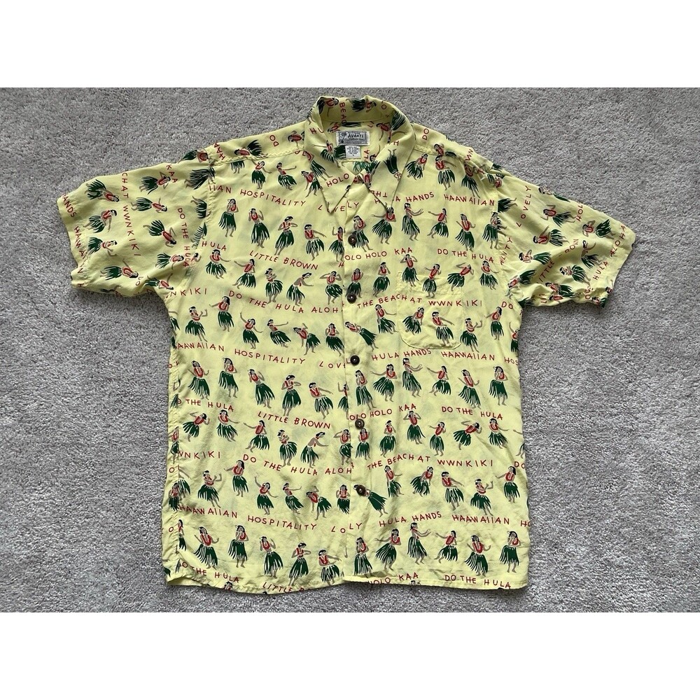 Vintage Avanti Mens Small Original 100% Silk Yellow Hawaiian Hula Button Shirt